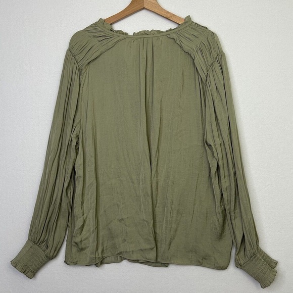 JOIE 1X Satin Long Sleeve Tie Neck Peasant Boho Blouse Green - Picture 6 of 7